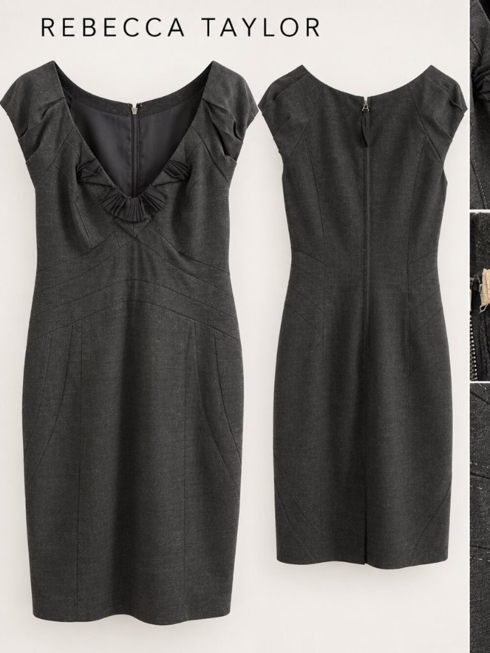 Rebecca Taylor Charcoal Gray Ruffle Sheath Dress Wool Silk Size 10